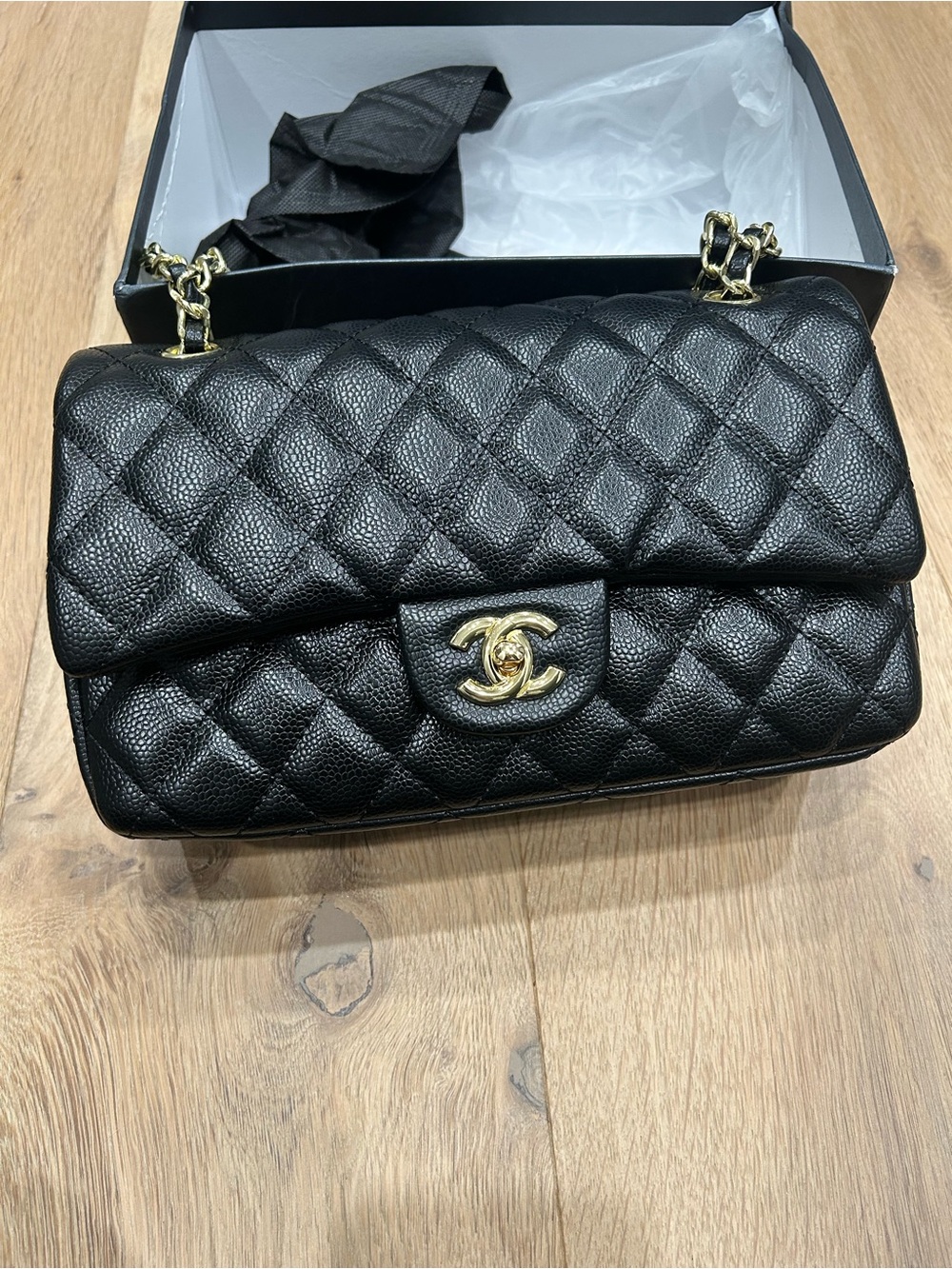 CHANEL Black Quilted Double Flap Shoulder Bag with Gold Hardware